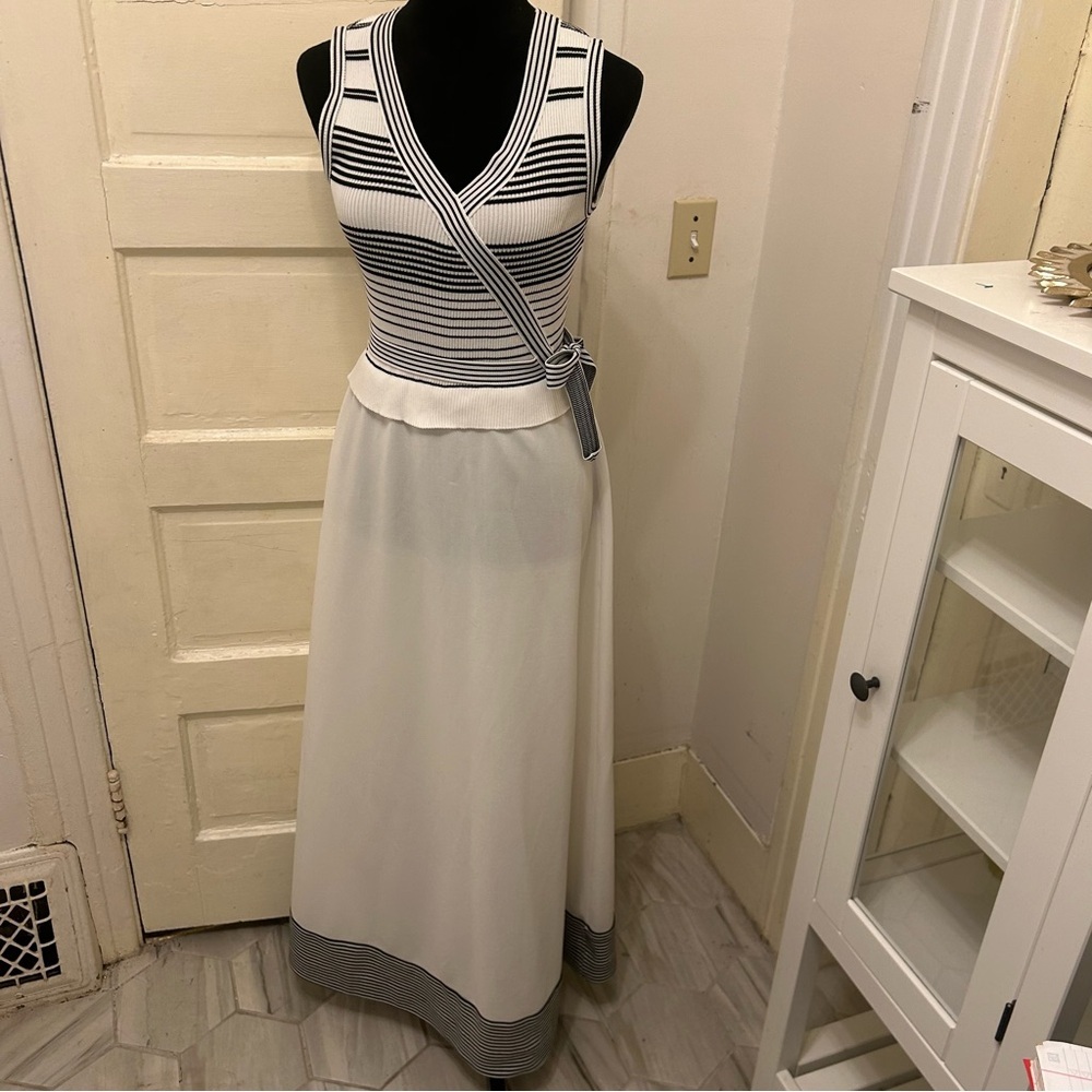 Striped Knit Wrap Maxi Dress in White and Navy